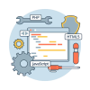 linear-flat-web-application-code-illustration-app-development-concept-php-javascript-html5-cogwheels-screwdriver-program-editor-interface_126523-2672